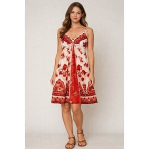 GUESS JEANS Authentic Floral Print Tie Front Midi Dress Size S Red White